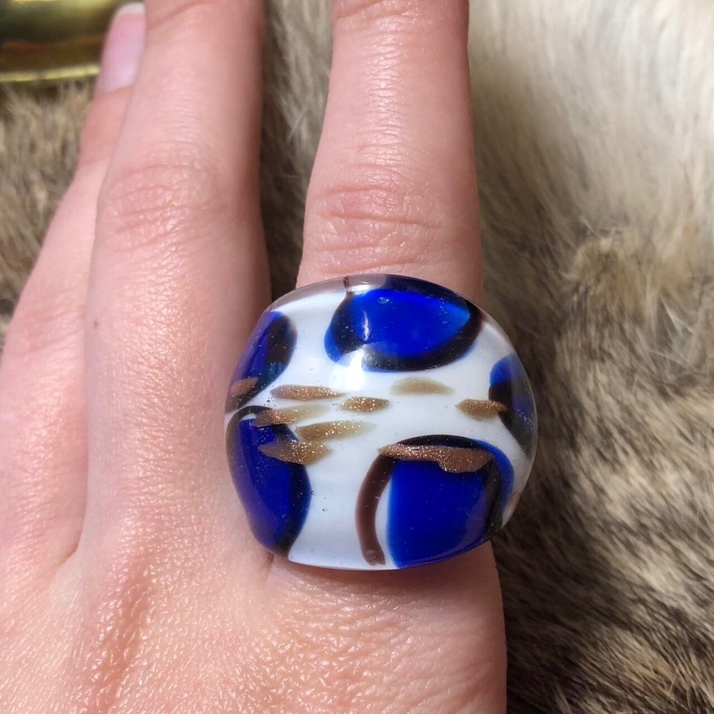 Blown glass blue and white glass ring with sparkly gold and brown accents
